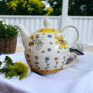 burton +‎ BURTON Whirly Twirly Ceramic Floral Coffee Tea Cup and Pot in box, NEW